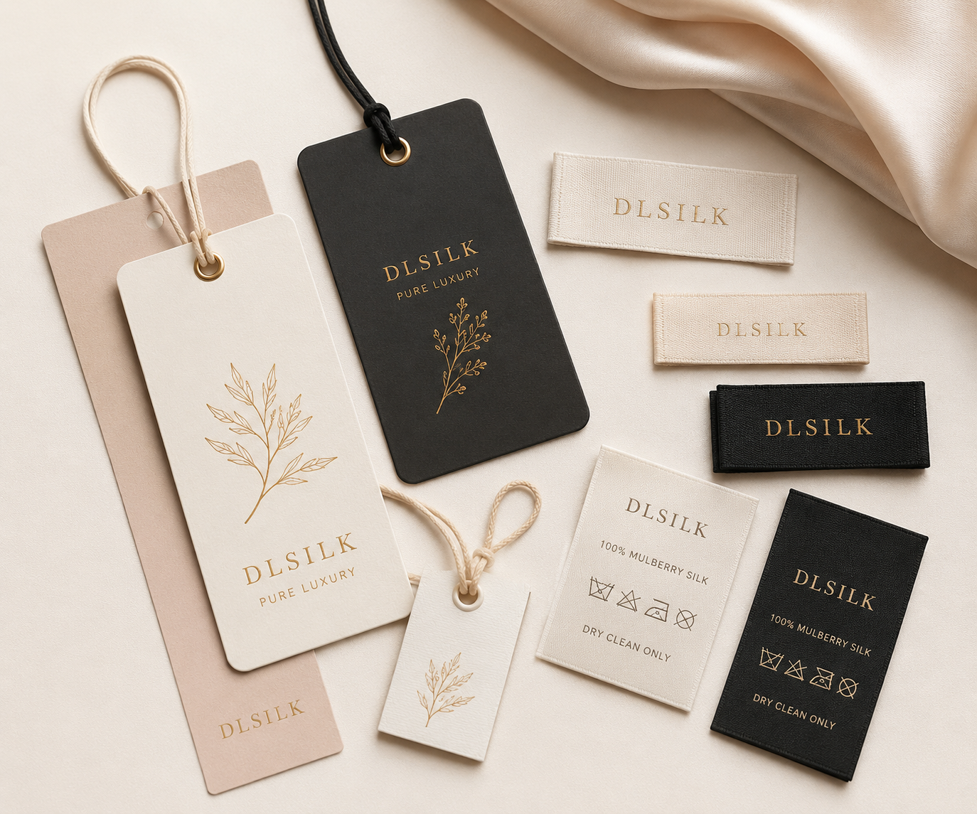 Custom woven labels hang tags and barcode stickers for silk products