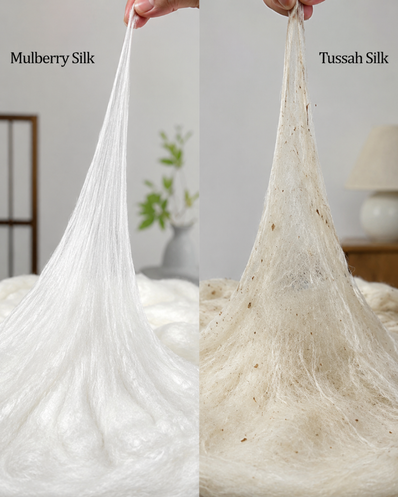 Mulberry Silk vs Tussah Silk Comparison Showing Fiber Purity and Texture Differences