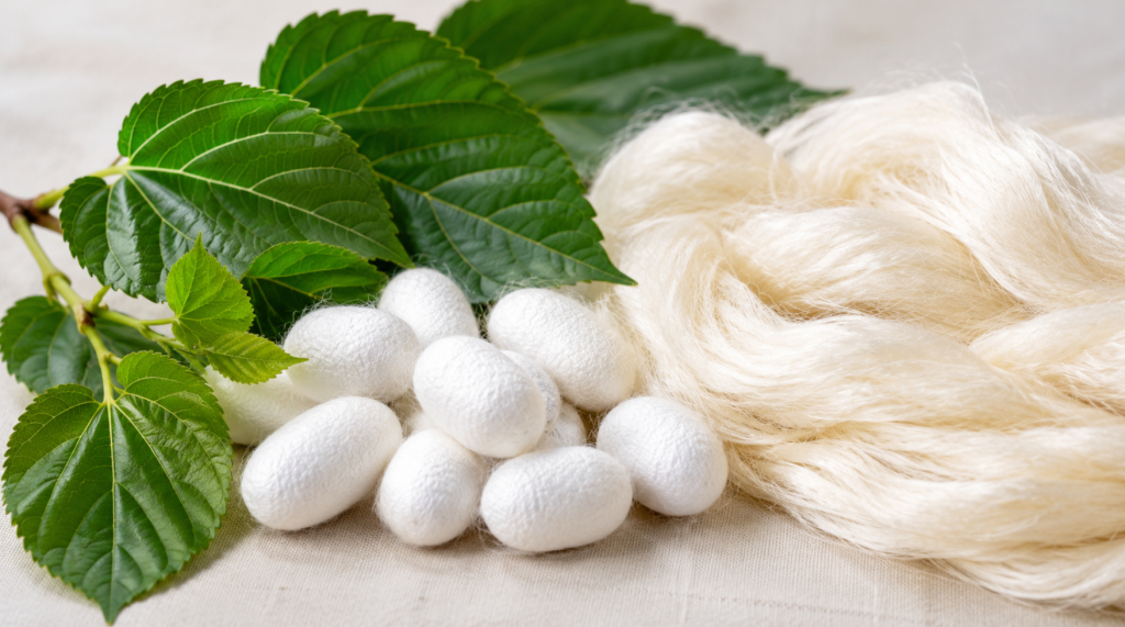 Mulberry leaves silk cocoons and natural mulberry silk fiber