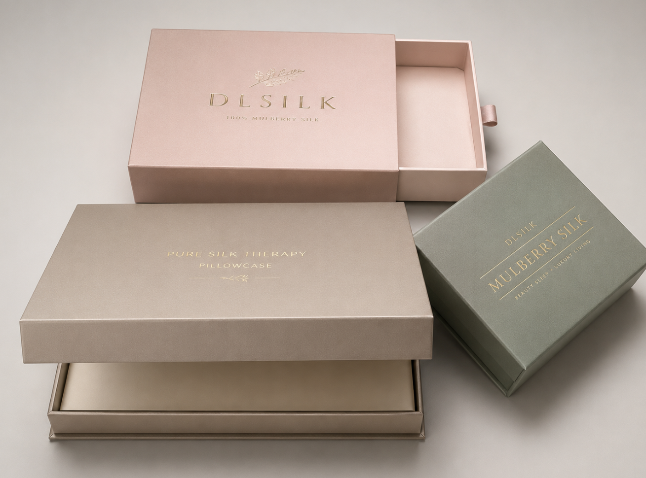 Private label silk packaging system with gift box drawstring bag tissue paper and labels