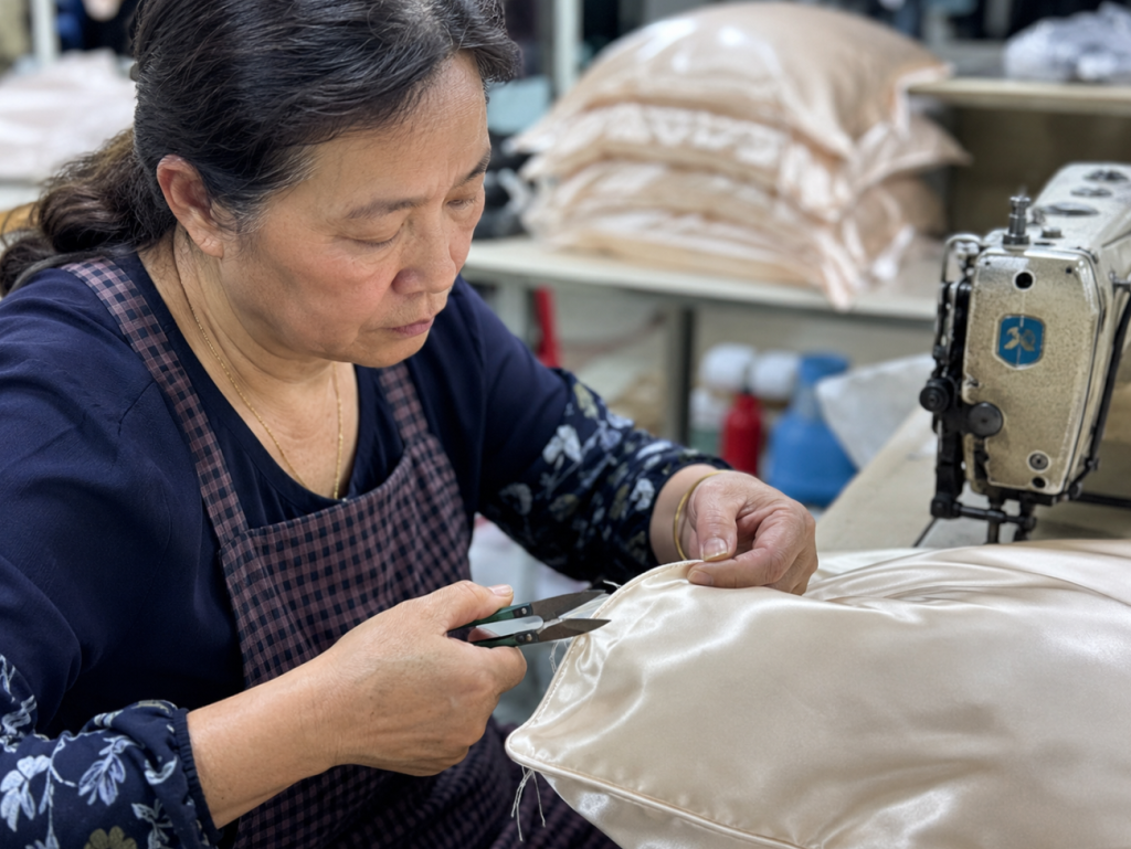 Quality inspection of finished mulberry silk pillowcases