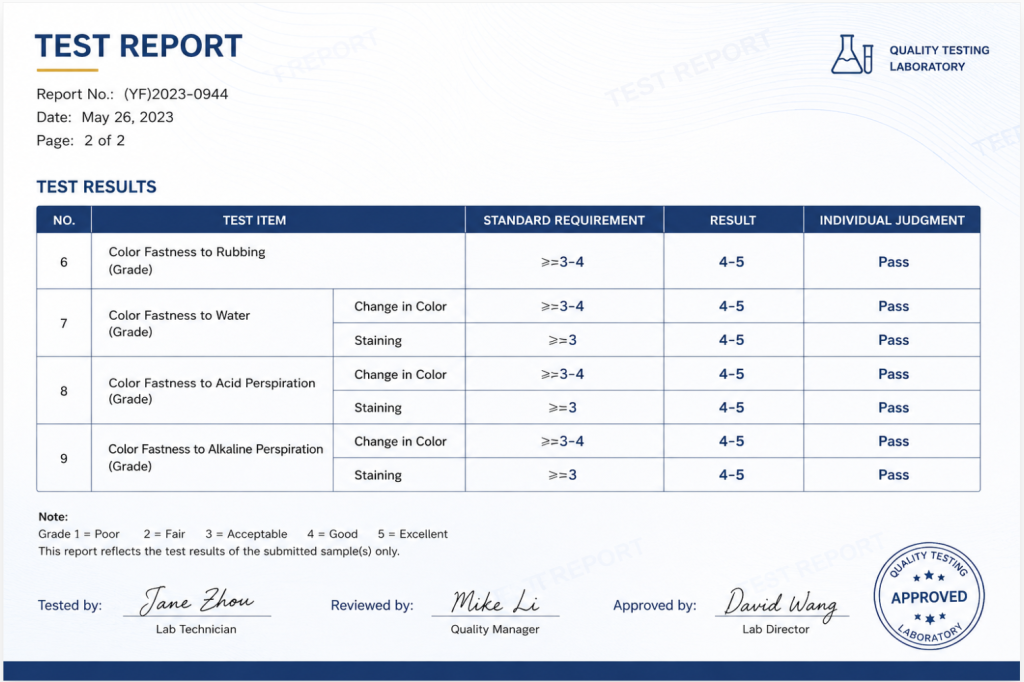 Colorfastness test report for mulberry silk fabric showing Grade 4-5 performance