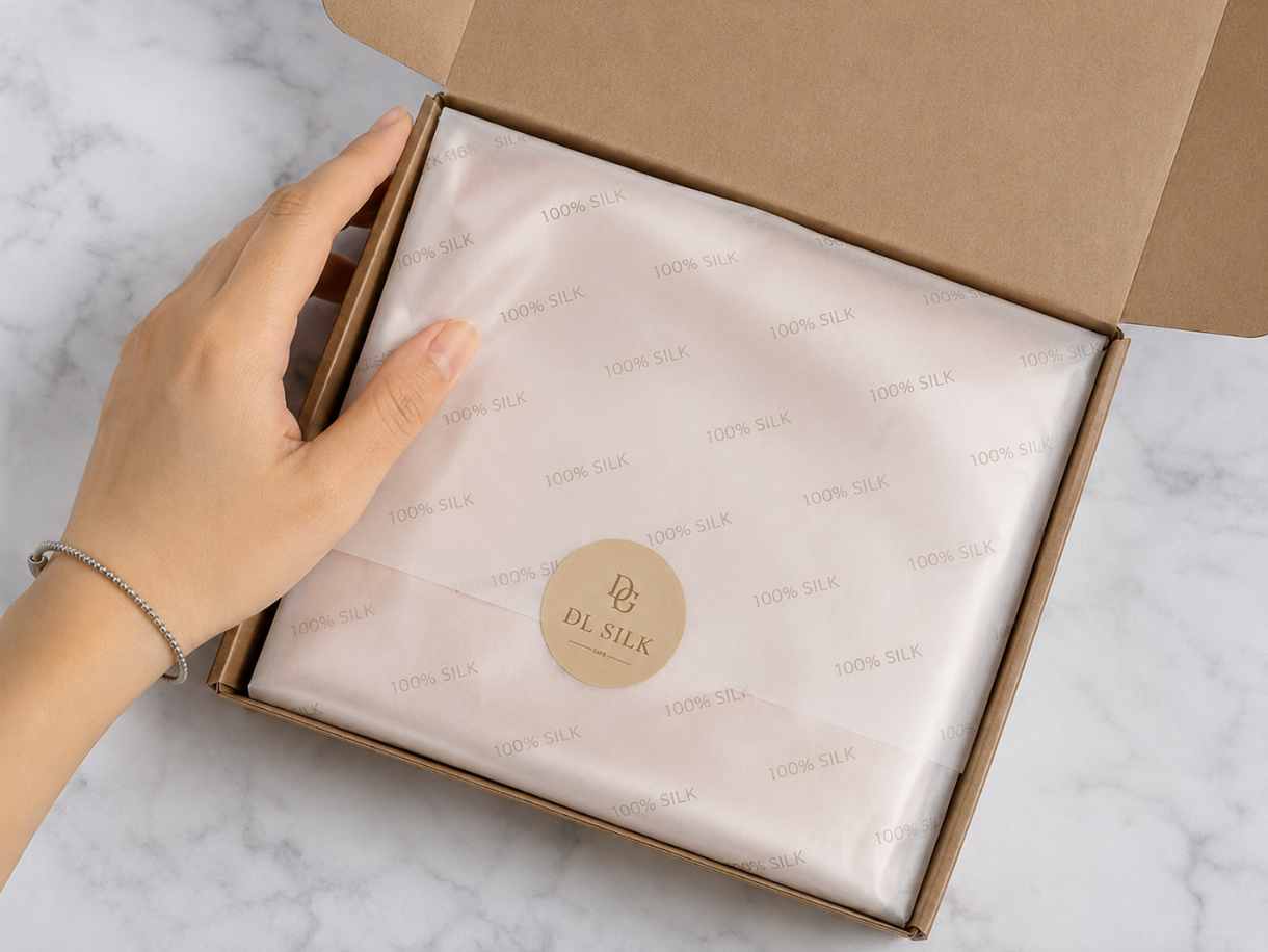 Printed tissue paper and logo sticker for custom silk product packaging